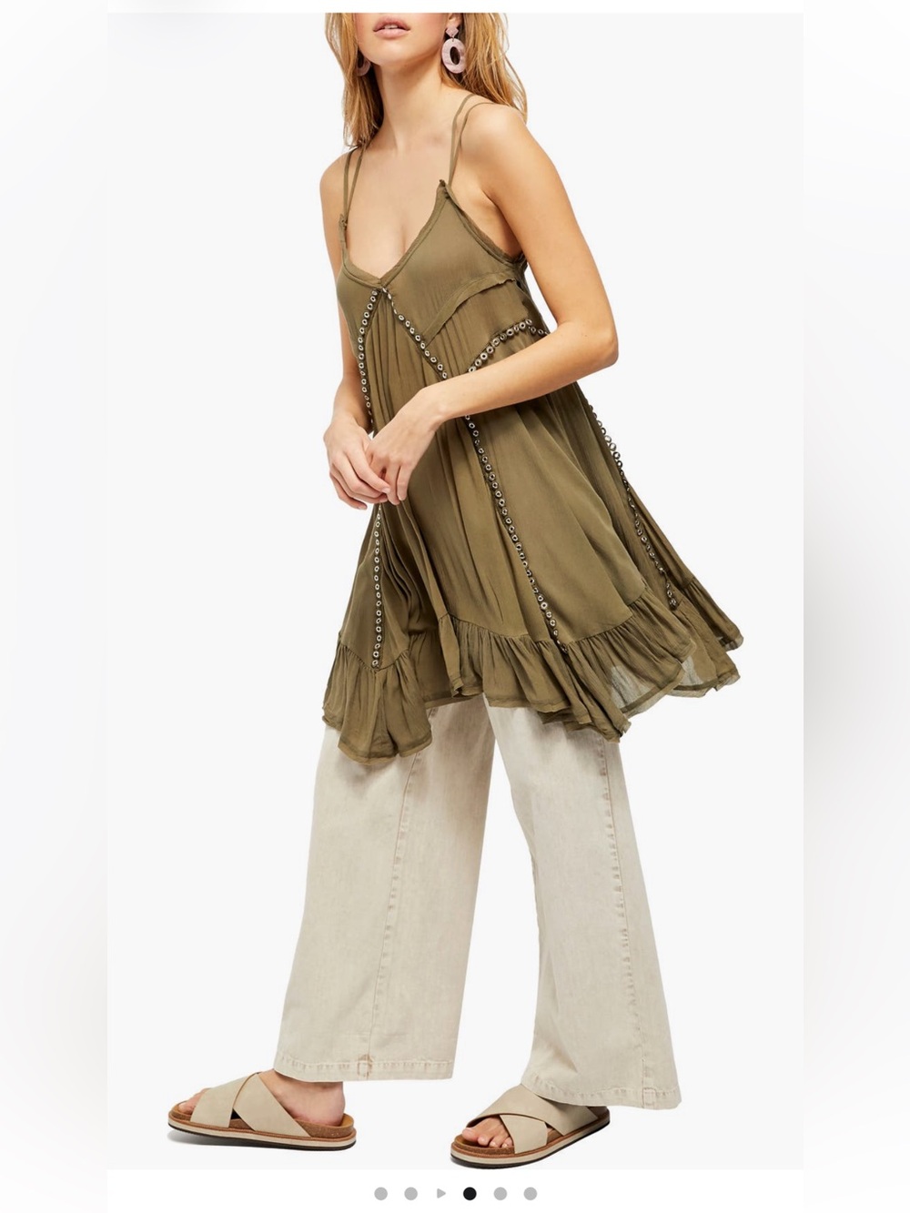 Free People Sway With Me Trapeze Tunic Dress Green Grommet Strappy Boho XS